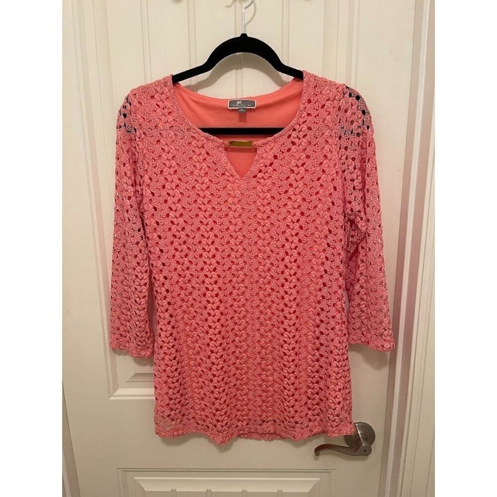 JM Collection‎ Coral Pink Lace Overlay Top Small Size